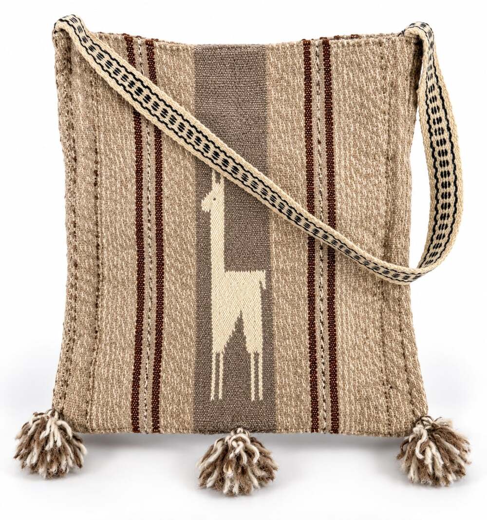 Peruvian Alpaca Wool Crossbody Bag Llama Motif Brown Tassels